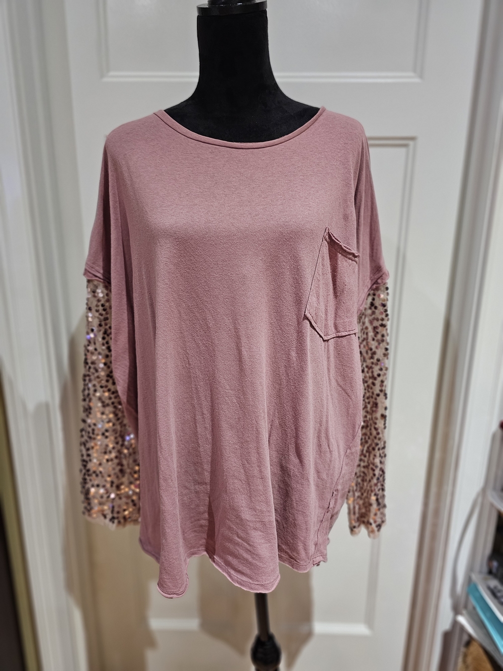 Free People Dusty Pink Long Sleeve Tee with Sequin Sleeves